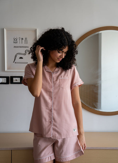 Women Summer Pajama Set Rose Buttoned Shirt + Shorts